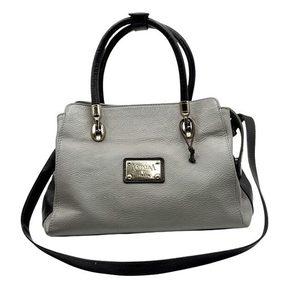 Valentina Italy Leather Satchel Handbag Grey Brown Top Handle Shoulder Bag - Picture 4 of 12
